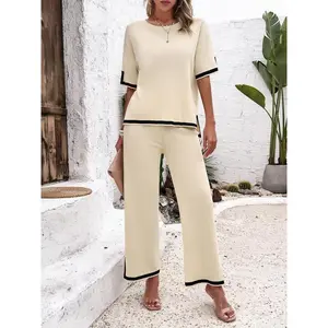 Women’s Solid Color Short-Sleeve Knit Set – Unique Everyday Style, Apricot, Basic, Comfortable, Casual Wear GARMENTARY