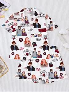 Stranger Things Cartoon Print Pajama Set for Kids - Summer Short Sleeve Cartoon Print Home Wear 2-Piece Set for Boys and Girls, New Flame-Retardant Turn-Down Collar Shirt and Loose Elastic Waist Ruffled Shorts Set. The pajamas feature iconic character pri