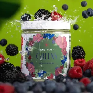 Strong + Sexy Fit Greens Powder, Green Juice Mix for Gut Health, Energy & Immune Support, Fruit and Veggies Supplement with Wheat Grass, Digestive Enzyme, Vitamin C, 30 SVG | Berry Hibiscus