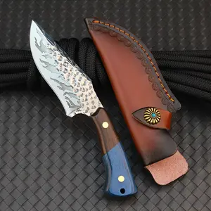 Handmade Damascus Steel Outdoor Knife with Sheath - Multifunctional straight blade for cutting meat and fruits, ergonomic blue and orange handle design