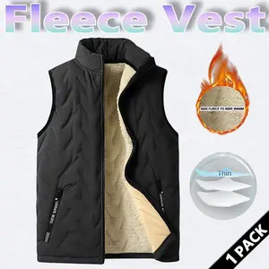 Men's winter thermal vest, wool lining, regular fit, polyester fiber, zipper design, machine washable, casual style, medium size men's top, solid color vest, wetsuit, tractor pattern, beige, black, crew neck, lightweight.