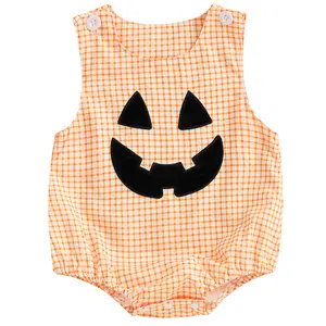 My First Halloween Baby Outfit Boy Girl Sleeveless Pumpkin Face Gingham Romper Cute Infant Plaid Bubble Bodysuits
