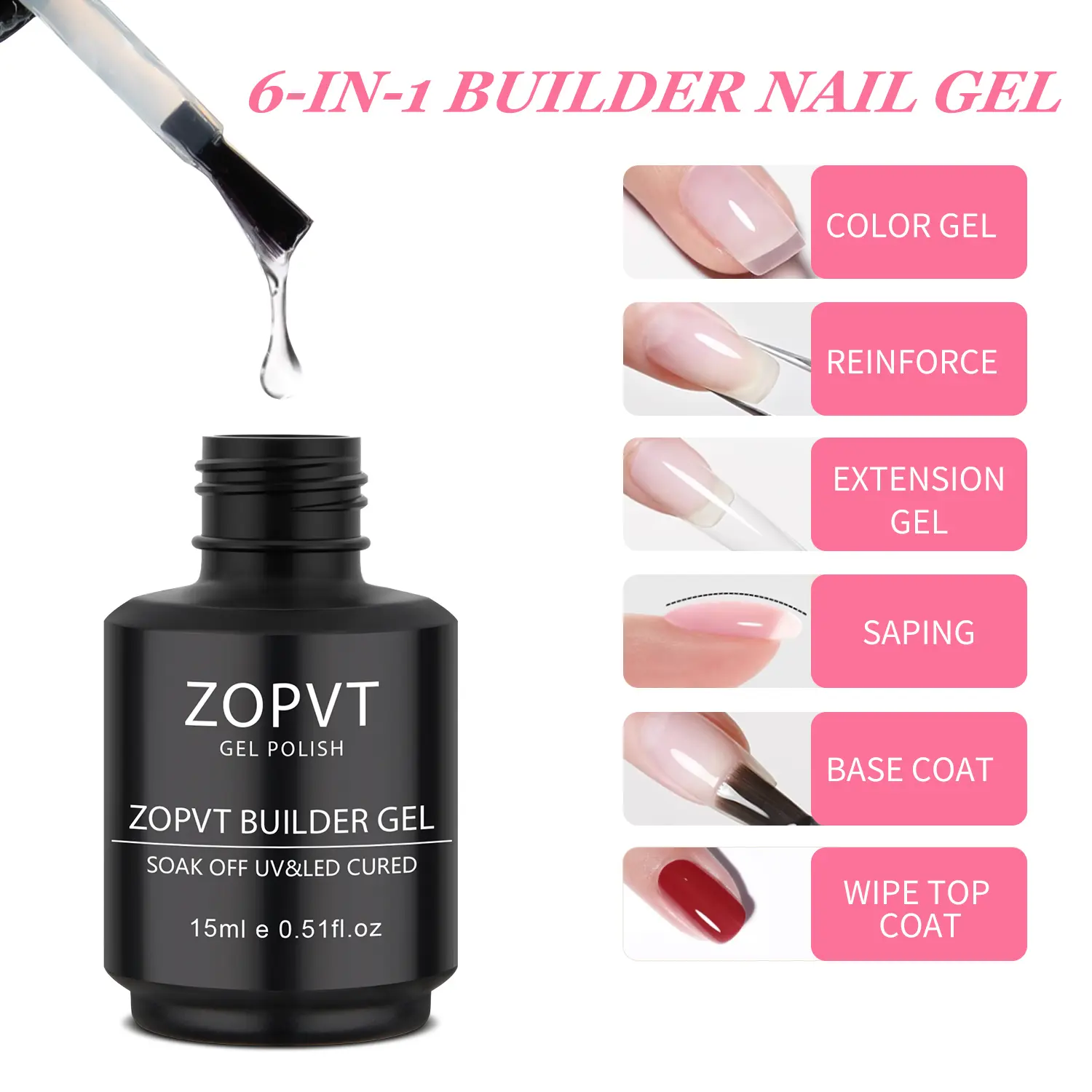 Zopvt 6-In-1 UV Light Gel Nail Polish Extension Kit, Extend Gel, Builder Formula, Self-Leveling Rubber Base, 15ML Bottle, Professional Manicure Tool, Hard Gel Builder, Hard Gel For Nails