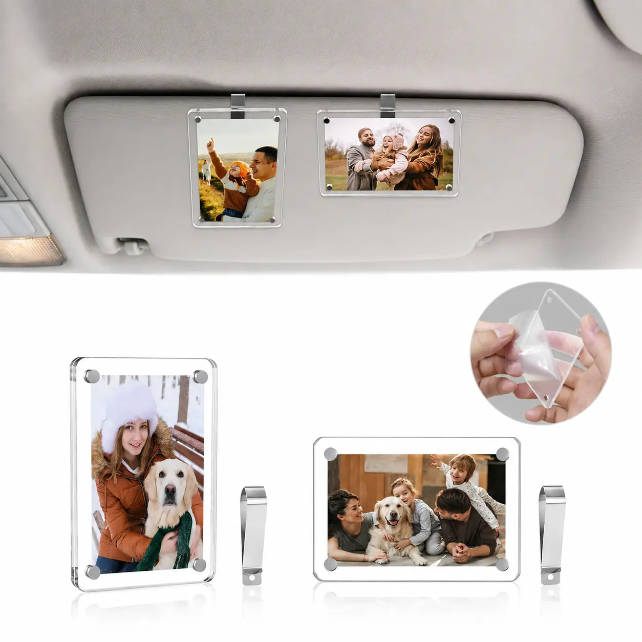 2-Piece Transparent Rectangular Acrylic Car Sunshade Photo Frame Accessory Set - Glass Panel, Open Frame, Portrait Clip Holder, Slip-Free Sun Visor Snap Clip, Universal Vehicle Fit, Memorial DIY Gift, Easy Install