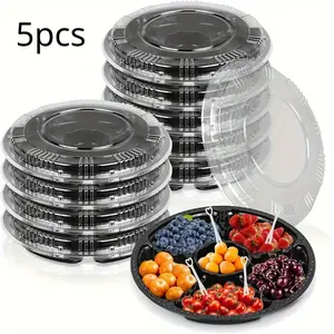 5pcs Lunch Box, Round Plastic Appetizer Tray with Lid, Stackable Lunch Container, 6 Compartments Container, Disposable Food Storage Containers, for Snack, Fruit, Candy and Biscuit, Kitchen Organizers and Storage, Kitchen Accessories