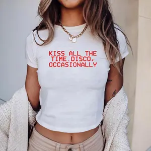 Kiss All The Time Graphic Baby Tee, Retro 70s Disco Occasionally Aesthetic Tee, Trendy Slogan Graphic