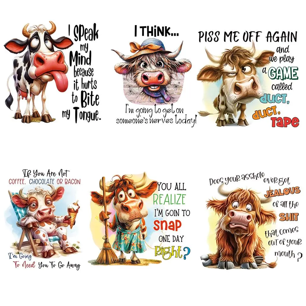 Cartoon Cow Letter Pattern Iron on Patch, 6pcs/set DIY Washable Vinyl Fabric, Heat Transfer Patch for Clothes, Bag, Hat, T-shirt, Jeans, Hoodie, DIY Craft Embellishments