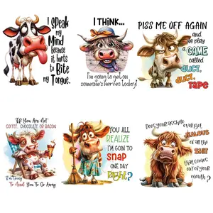 Cartoon Cow Letter Pattern Iron on Patch, 6pcs/set DIY Washable Vinyl Fabric, Heat Transfer Patch for Clothes, Bag, Hat, T-shirt, Jeans, Hoodie