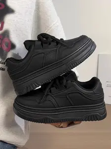 Women's All-Black Platform Sneakers, Lightweight Non-Slip Casual Lace-Up Shoes for Daily Wear 