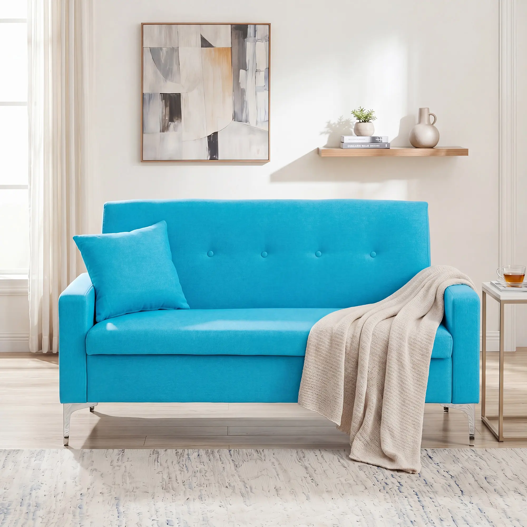 57 Inch Double Sofa with Storage, Practical Stylish Couch for Living Room Apartment Home Office, Blue, Blue/Gray