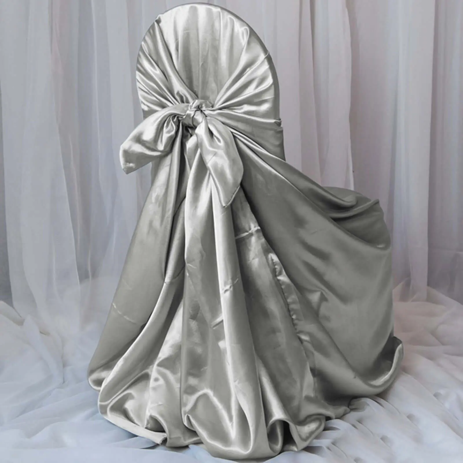 Satin Self-Tie Universal Chair Cover Silver - Reusable Slip-On Slipcover for Folding, Dining, Banquet & Standard Size Chairs, Dining Chair Slipcovers, Party Chair Covers