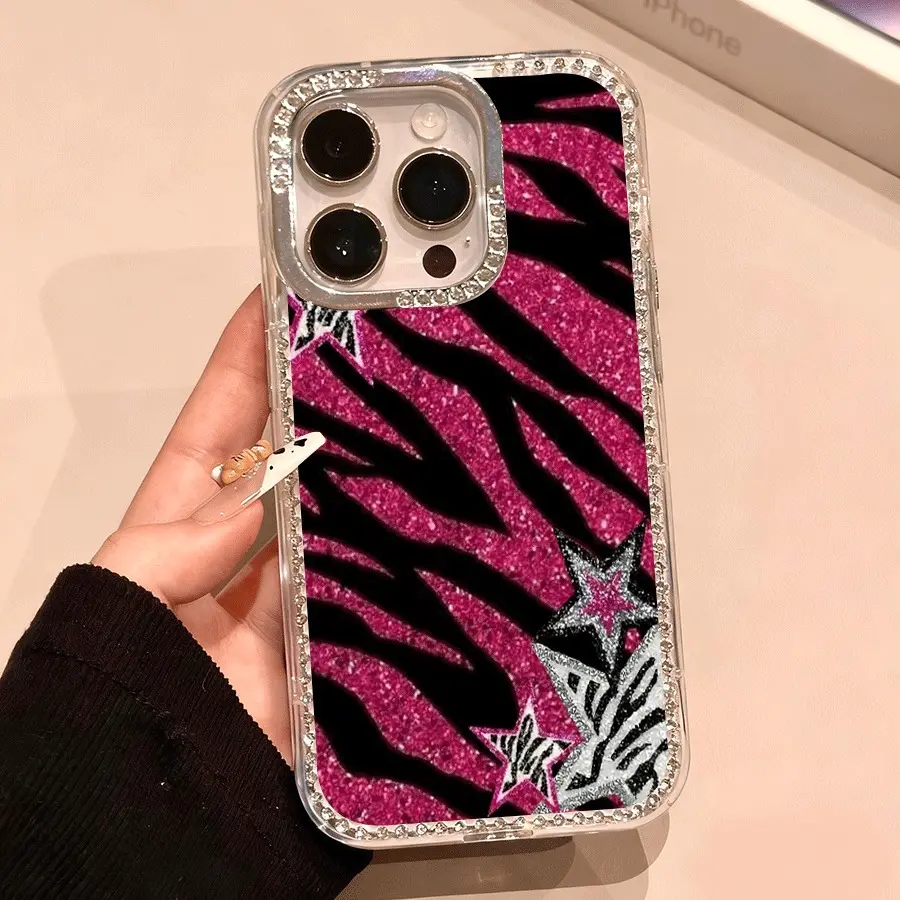 Luxury Transparent Pink Zebra-Stripe Starry Sky Rhinestone Phone Case - Protective Cover for iPhone 17/16/15/14/13/12 Pro, 11 Pro Max, 14 Plus Series (Unisex Design) | Smartphone Accessory, Rhinestones, Handheld