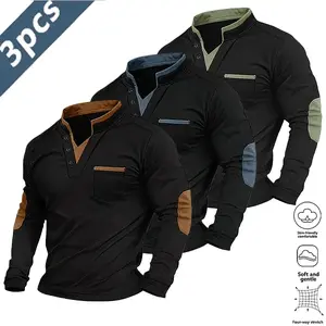 3 Pack Men's 3-Season Layered Polo Shirt | Brown Elbow Detail Fake Two-Piece Knit | Golf/Work/Party/Vacation Versatile Top Long Sleeve Khaki Green Blue