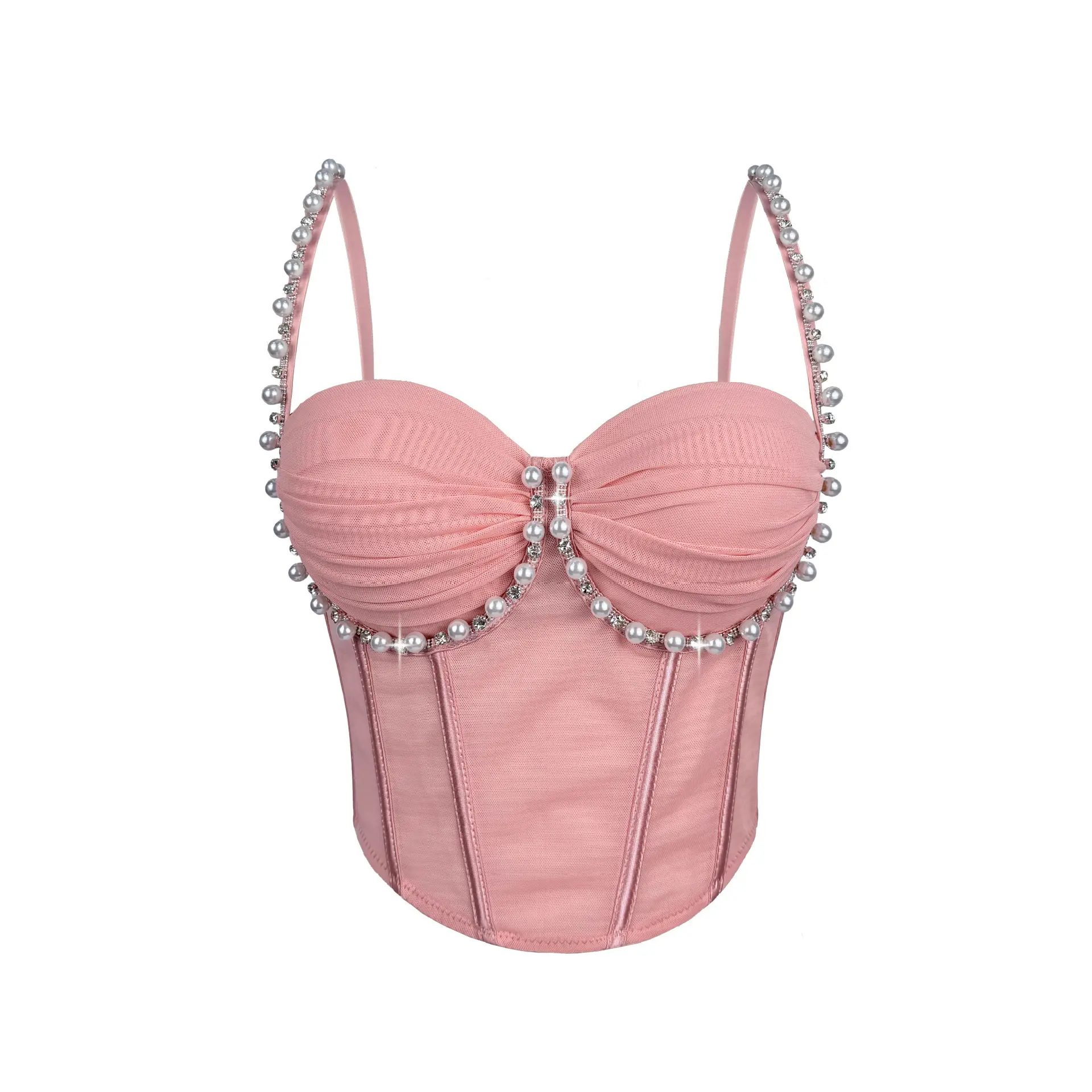 Women's Sleeveless Sexy Pleated Corset Top - 38C/85 Multi-Size Shape-Hold Mesh Boned Bodice with Pearl Accents, Strapless Sling for Party, Evening & Street Wear