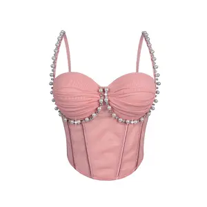 Party Pearl Diamond Pleated Fishbone Mesh Shaping Slim Fit Strap Corset, Evening Pearl Bone Blouse, Slim Diamond Strap, Luxurious Beaded Fishbone Dress, Womenswear, Women's Strapless Boned Corset Top, Dressy Tops