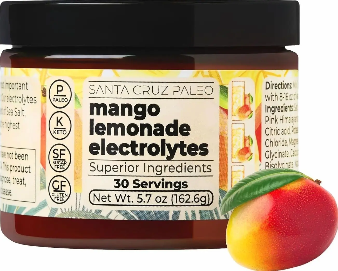 Santa Cruz Paleo Electrolyte Powder, Mango Lemonade, Sugar Free Hydration Drink Mix with Himalayan Pink Salt, Sea Salt, Magnesium Glycinate, Potassium Chloride, Sweetened with Stevia, 30 Servings