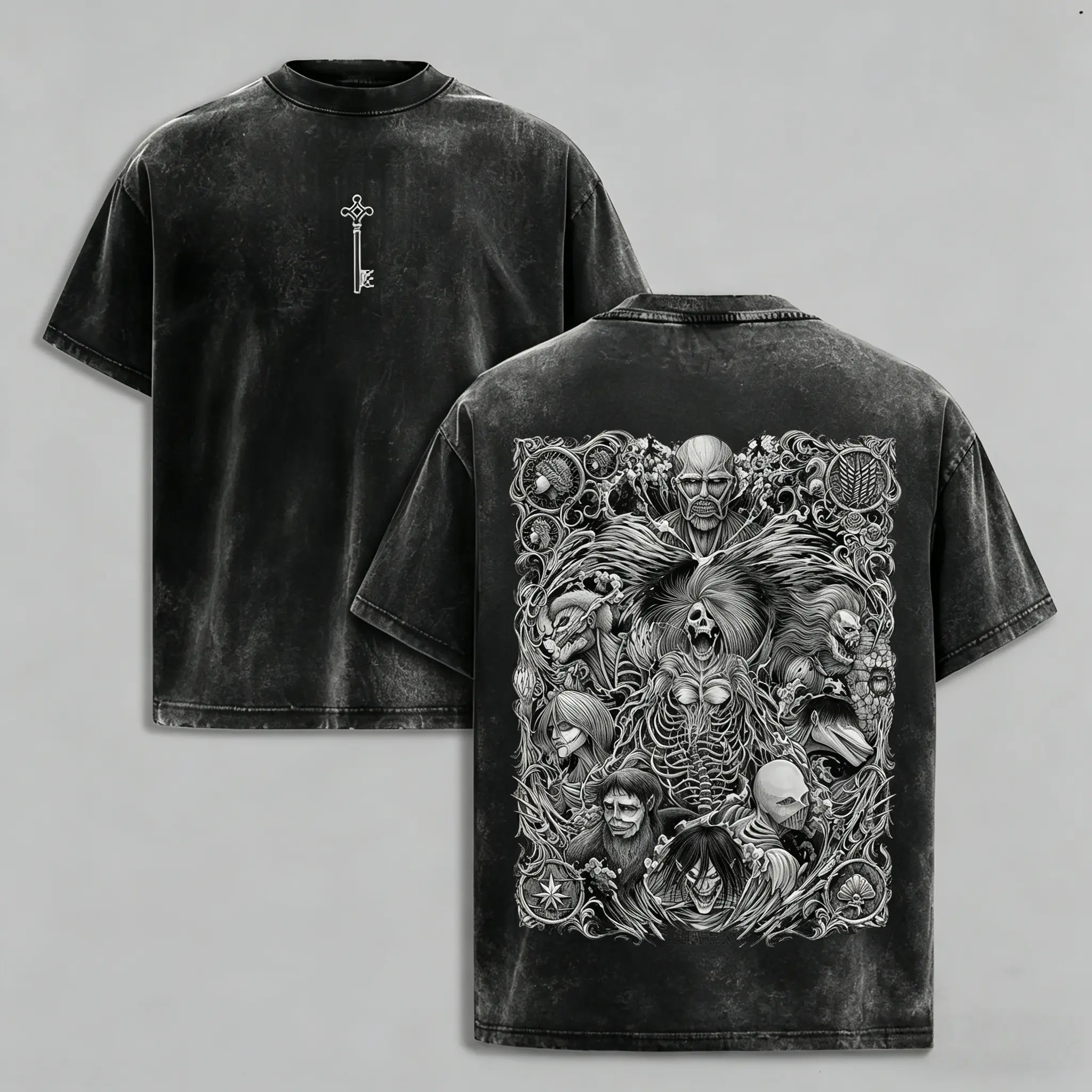 The Key Shingeki no Kyojin - Attack On Titan Anime Double Printed Washed Tee Unisex Oversize Anime Manga Washed Heavyweight Cotton T-shirt, Gift For Anime Fan Lover