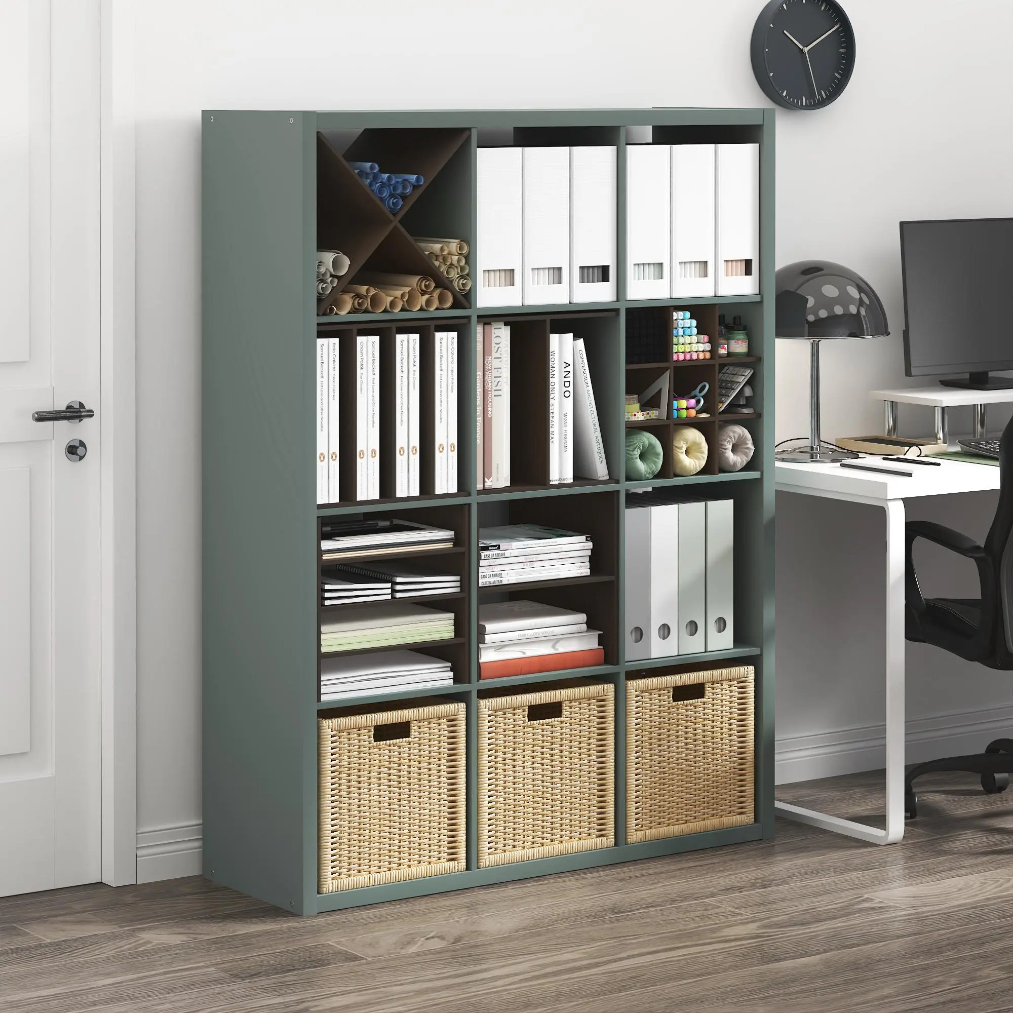 Contemporary Freestanding Sage Green 12-Cube Thick-Frame Engineered Wood Bookcase - Reversible Design, Open Back Shelf, Sturdy Base, 14.6x43.8x58.0in, for Living Room Home Office Study Setup Home Library