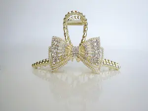 Long one sided crystal bow gold metal hair claw clip for medium thick hair