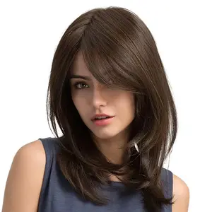 Ladies' elegant shoulder-length wavy wig with brown highlights - beginner-friendly, 180% density synthetic hair, naturally curly style, heat-resistant, suitable for daily wear and cosplay