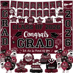Maroon Themed Graduation Decorations Class of 2026 - Congrats Grad Banner & Backdrop, Porch Sign, Swirls, Balloons, Centerpieces for High School & College Celebrations