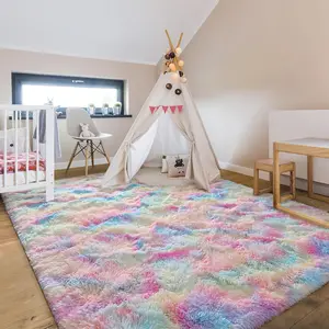 BLIOWL Rainbow Tie Dye Fluffy Shag Rug, Non-Slip, Kid & Pet Friendly, Aesthetic Living Room Bedroom Decor, 4 Free Stickers, Ideal Gift for Valentine’s Day & Easter