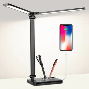 LED Desk Lamp with Dual Heads, 5 Color Modes & 10 Brightness Levels, Adjustable Reading Light for Home Office, Bedroom, Study, Craft (Black, Includes Adapter)