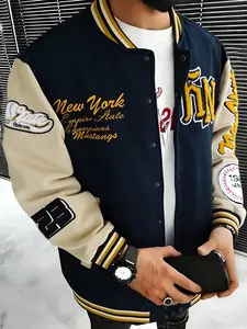 American Vintage Blue Patchwork Baseball Jacket, New York Empire State Champion Mustang Fn Towel Embroidery, Fitted Outerwear Long Sleeve for Fall & Winter