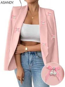 ASANDY Women's Oversized Longsleeves Formal Blazer Jacket - Chic Lady's Stylish Suit Piece with Ribbon, Pearl, Crystal Embellishments, Comfortable Elegance Wear for Party, Gala