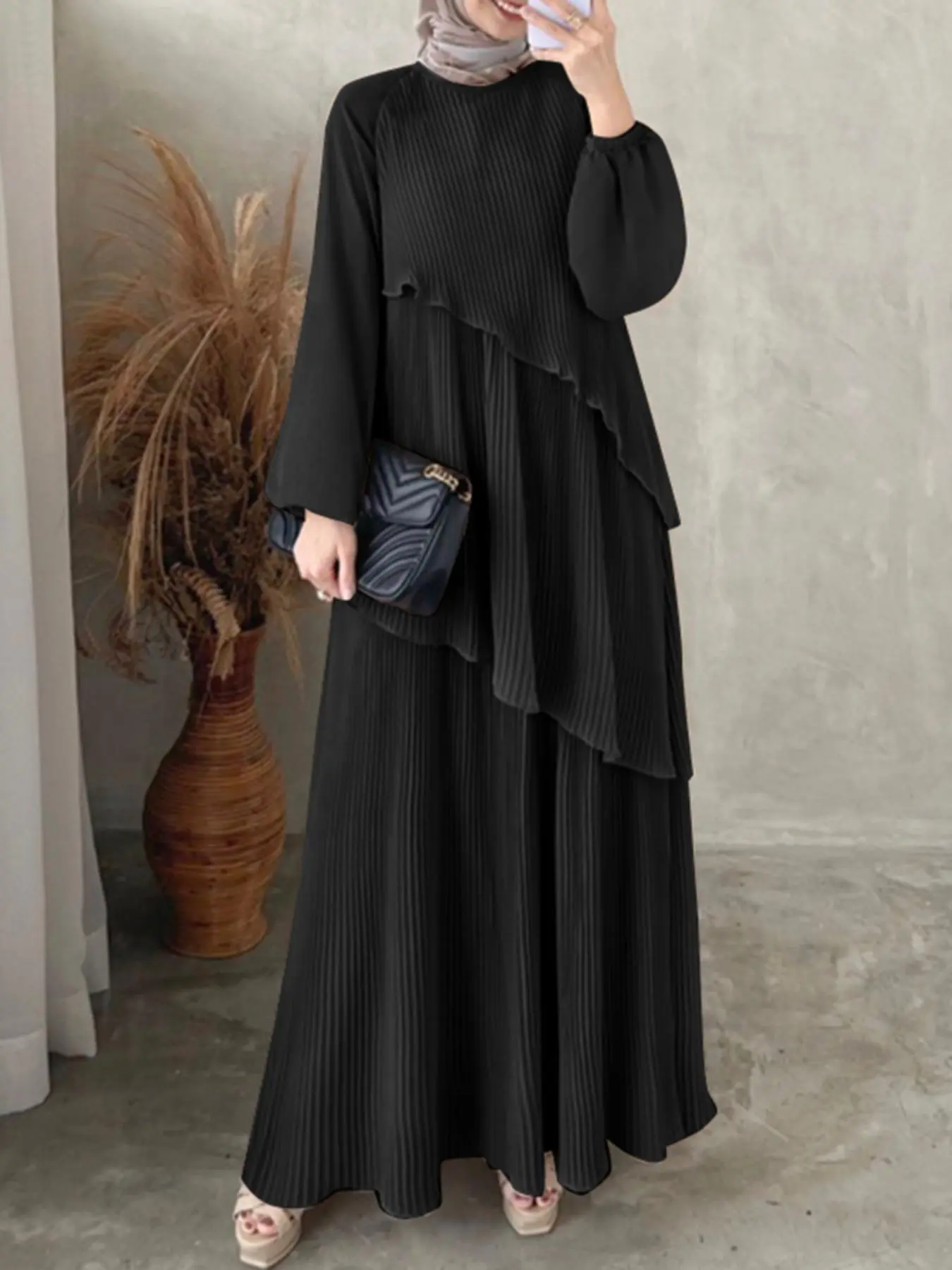 Women's Plain Tiered Layer Bishop Sleeve, Casual Long Sleeve Round Neck Modest Fashionable Style Dress for Daily Wear, Ladies Clothes for All Seasons, Long Sleeve Dresses
