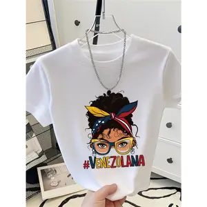 1pc Women's Style Venezuelan Print Short Sleeve Crop T-Shirt, Fashionable and, Vintage Hong Kong-Style Hot Look, Versatile and  Casual Top, Simple and Comfortable Fabric, Showcasing Youthful Vitality