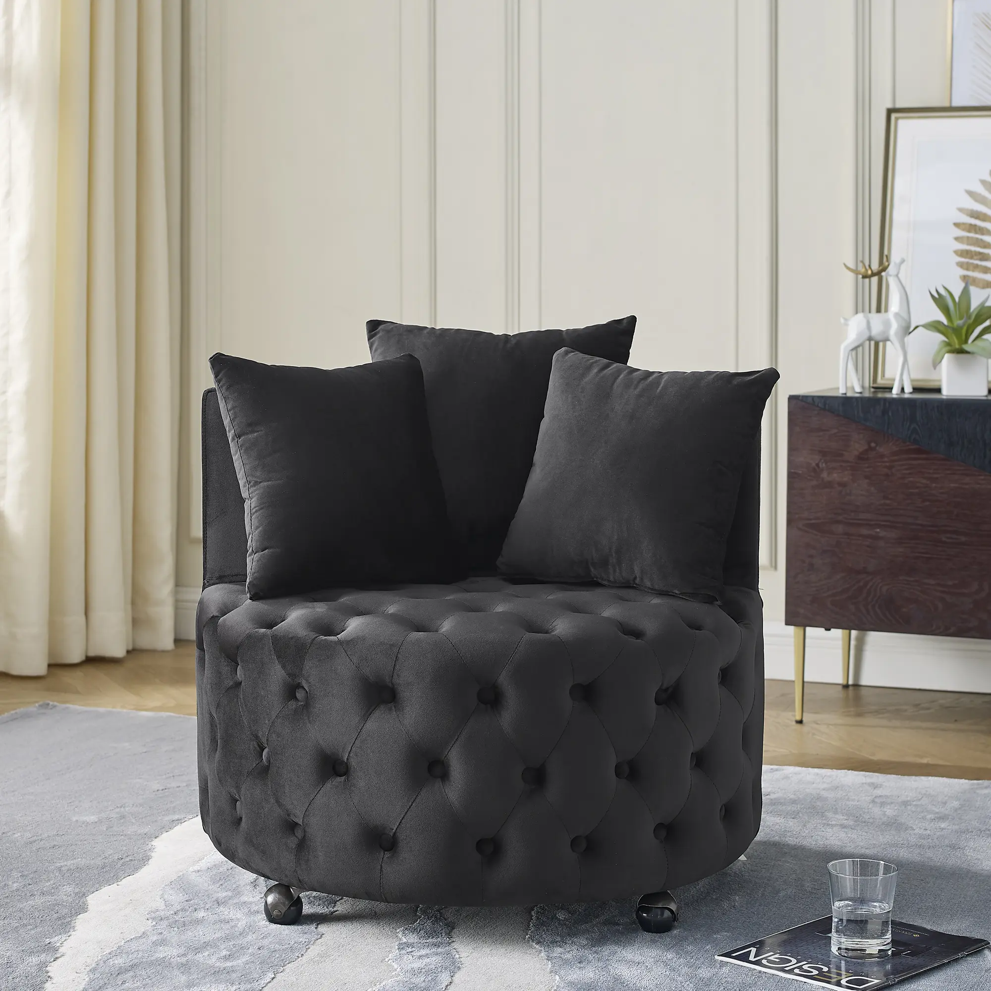 30” Modern Upholstered Armchair, Swivel Barrel Accent Chair with 3 Pillows and Wheels, Upholstered Tufted Comfy Single Club Lounge Chair for Living Room, Bedroom (Black), Upholstered Tufted Chair