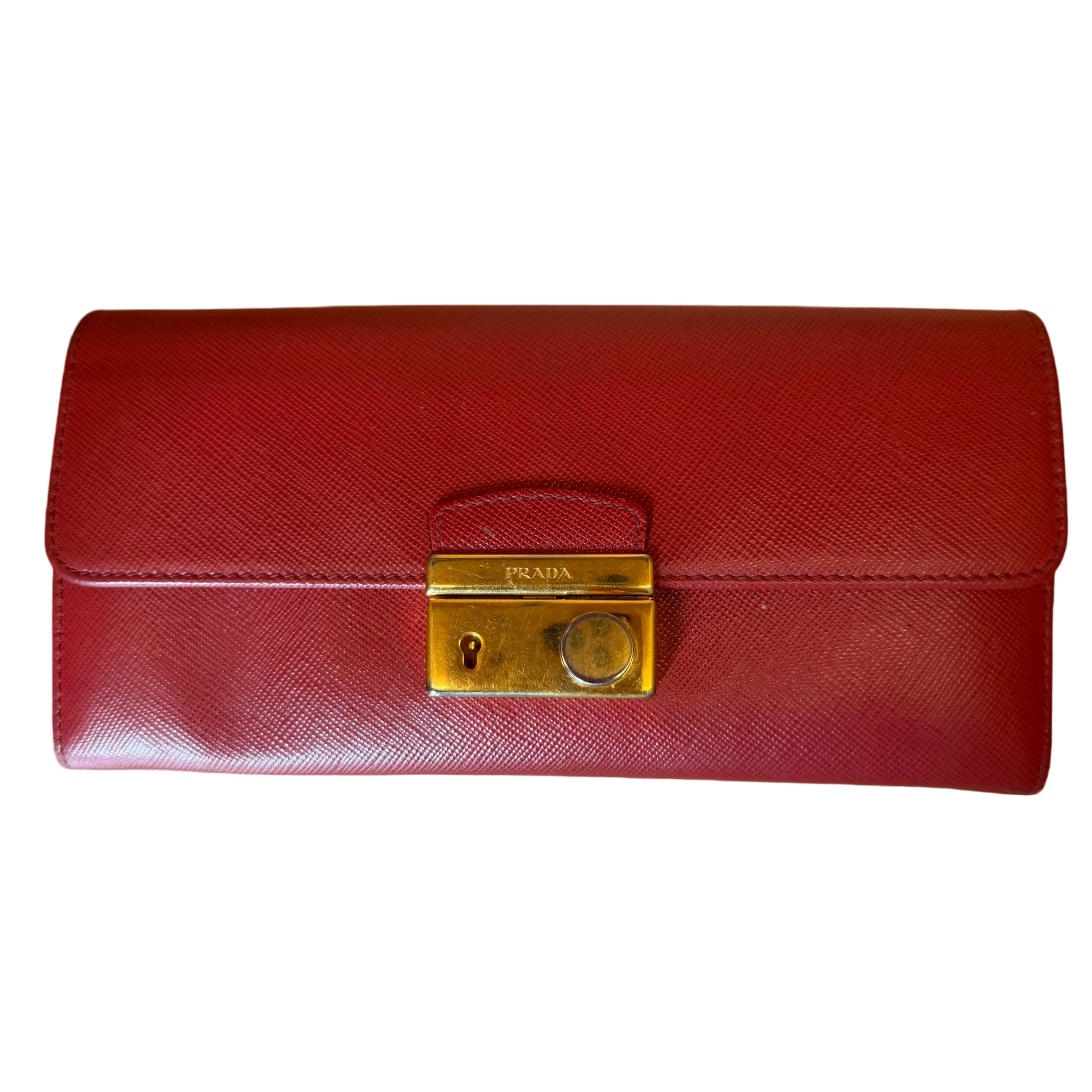 Pre-owned PRADA Red Saffiano Leather Lock Wallet