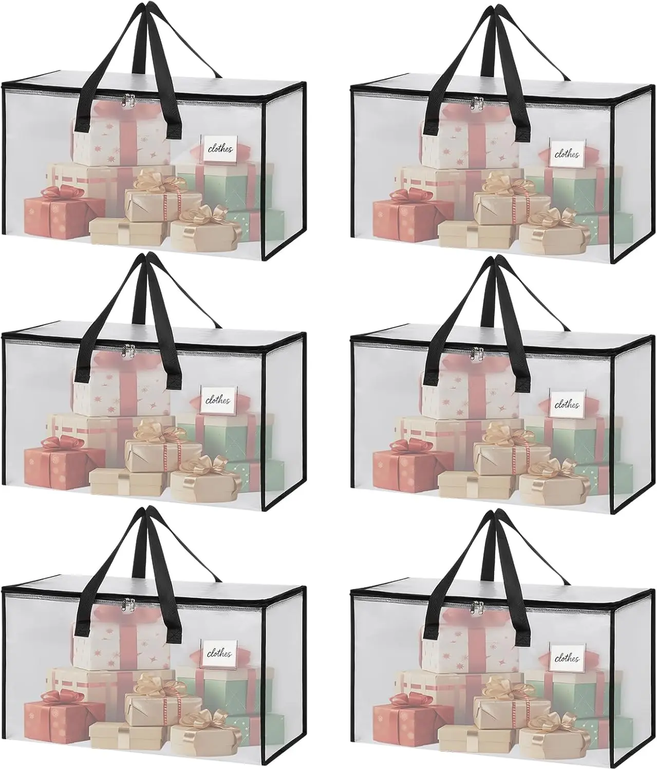 6 Pack Extra Large Heavy Duty Clear Moving Bags with Reinforced Zippers & Wide Carry Handles, See-Through Storage Totes for Clothes Packing, Dorm Moves & Home Organization