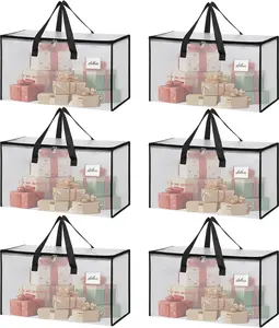 6 Pack Extra Large Heavy Duty Clear Moving Bags with Reinforced Zippers & Wide Carry Handles, See-Through Storage Totes for Clothes Packing, Dorm Moves & Home Organization