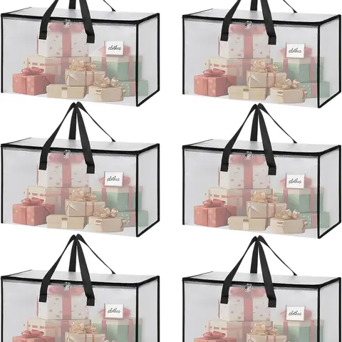 6 Pack Extra Large Heavy Duty Clear Moving Bags with Reinforced Zippers & Wide Carry Handles, See-Through Storage Totes for Clothes Packing, Dorm Moves & Home Organization