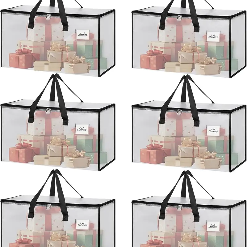 6 Pack Extra Large Heavy Duty Clear Moving Bags with Reinforced Zippers & Wide Carry Handles, See-Through Storage Totes for Clothes Packing, Dorm Moves & Home Organization