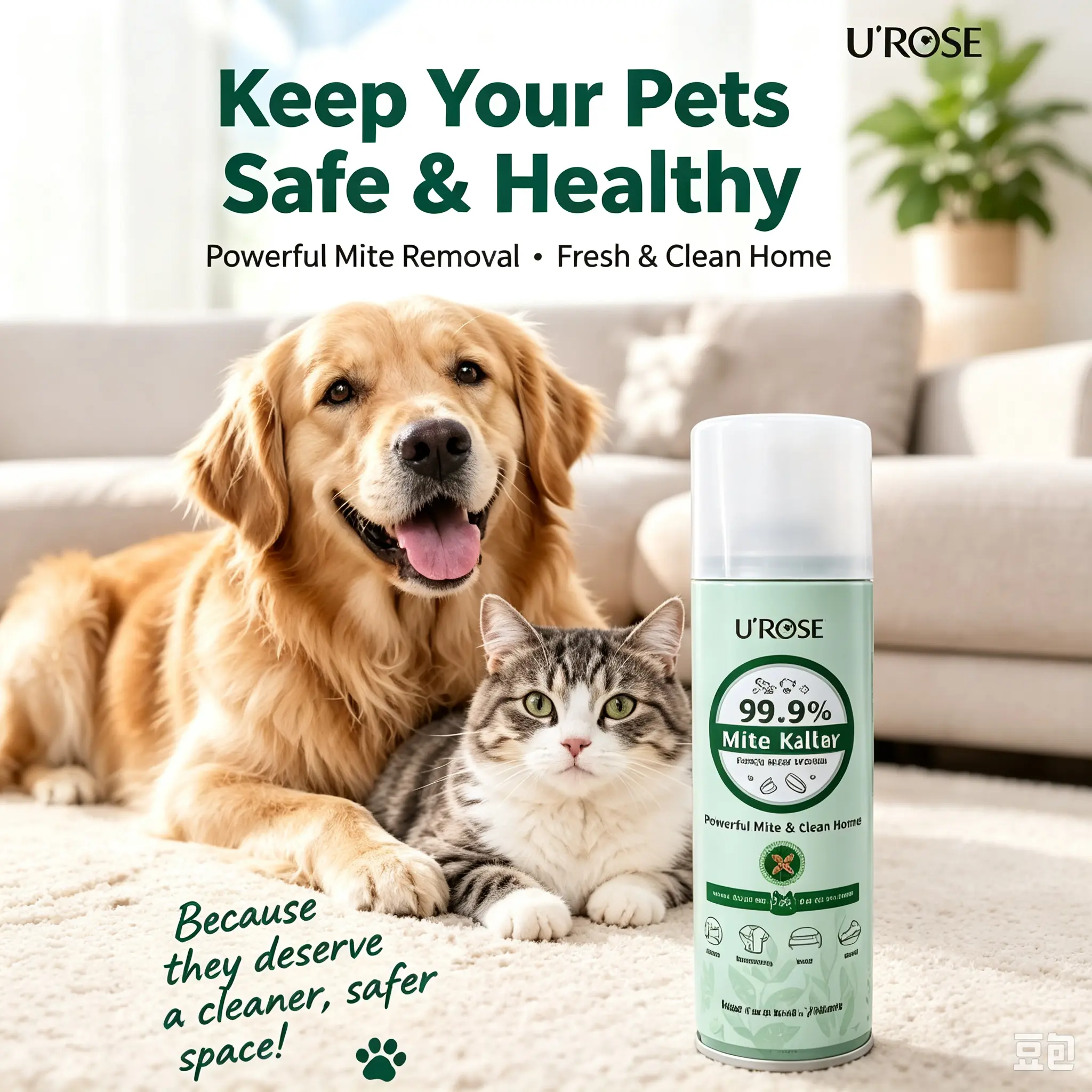 zxUROSE Natural Aerosol Can Pet Mite Killer Spray - 100% Effective, No Rinsing, No Sun Drying, Indoor Disinfecting, Lavender Scent, Essential for Pet Owners