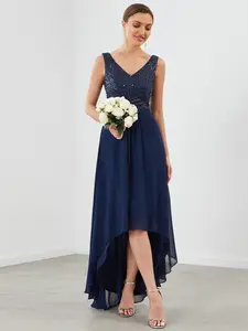 Ever-Pretty Sexy High-Low Maxi Chiffon Evening Dresses with Sequin Navy Blue A-Line Silhouette Formal Wear for Women Zipper Closure 00410