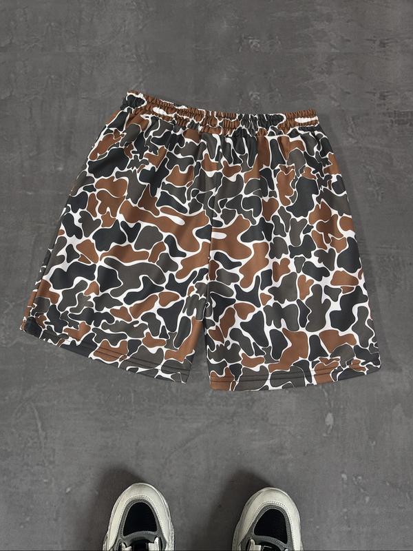 Men's Regular Fit Camo Print Drawstring Waist Beach Shorts, Camo Swim Trunks, Casual Comfy Breathable Swim Shorts for Summer, Men's Shorts for Beach Vacation