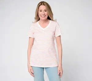 Belle by Kim Gravel Slub Knit Striped V Neck Top