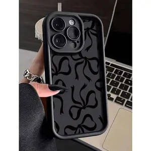 Bow-Knot Bowknot Minimalist Grooved Black Painted Phone Case, Compatible With IPhone 16/IPhone 15/XR /IPhone 16 Pro Max/7P 8P/P12 Pro Max/P13 Pro Max/P14 Pro Max /P13/P14/P11/P12/P14, IPhone XS/S/XS Max/7 8 GES2, A03s,A03 Core,A04,A12,A13,A14,A21s,A22,A23