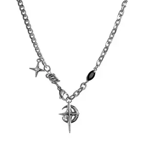 Stainless Steel Necklace with Black Star Pendant – Street Style Clavicle Chain, Gift Box Included