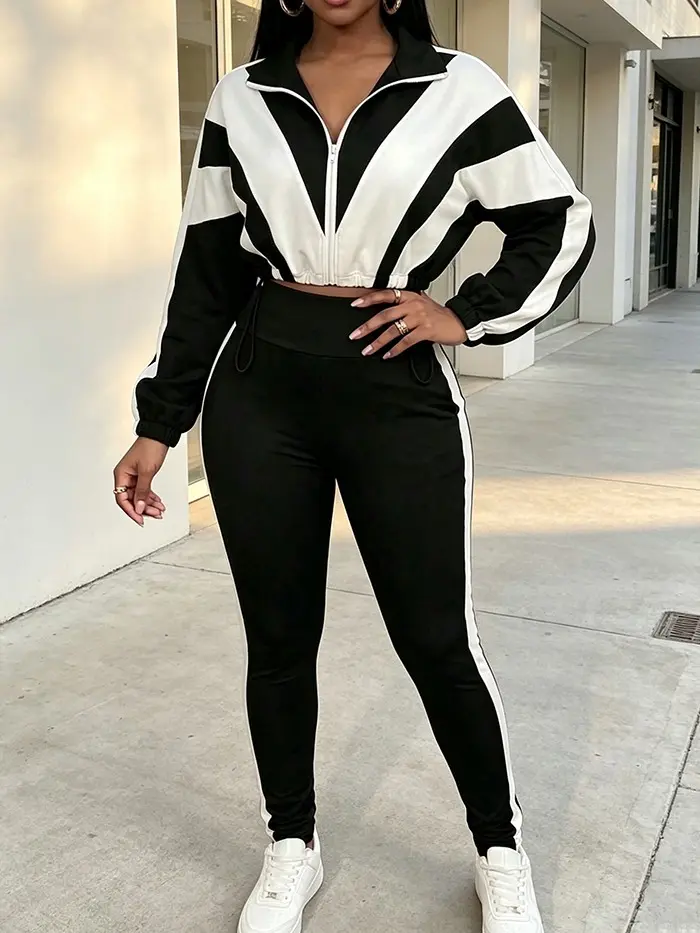 Patchwork Tracksuit Women's Purple/White Fashion Casual Sport Crop Zip-Up Jacket & High-Waisted Skinny Pants Set Soft Stretchy Polyester Spandex for Jogging Sports Athleisure