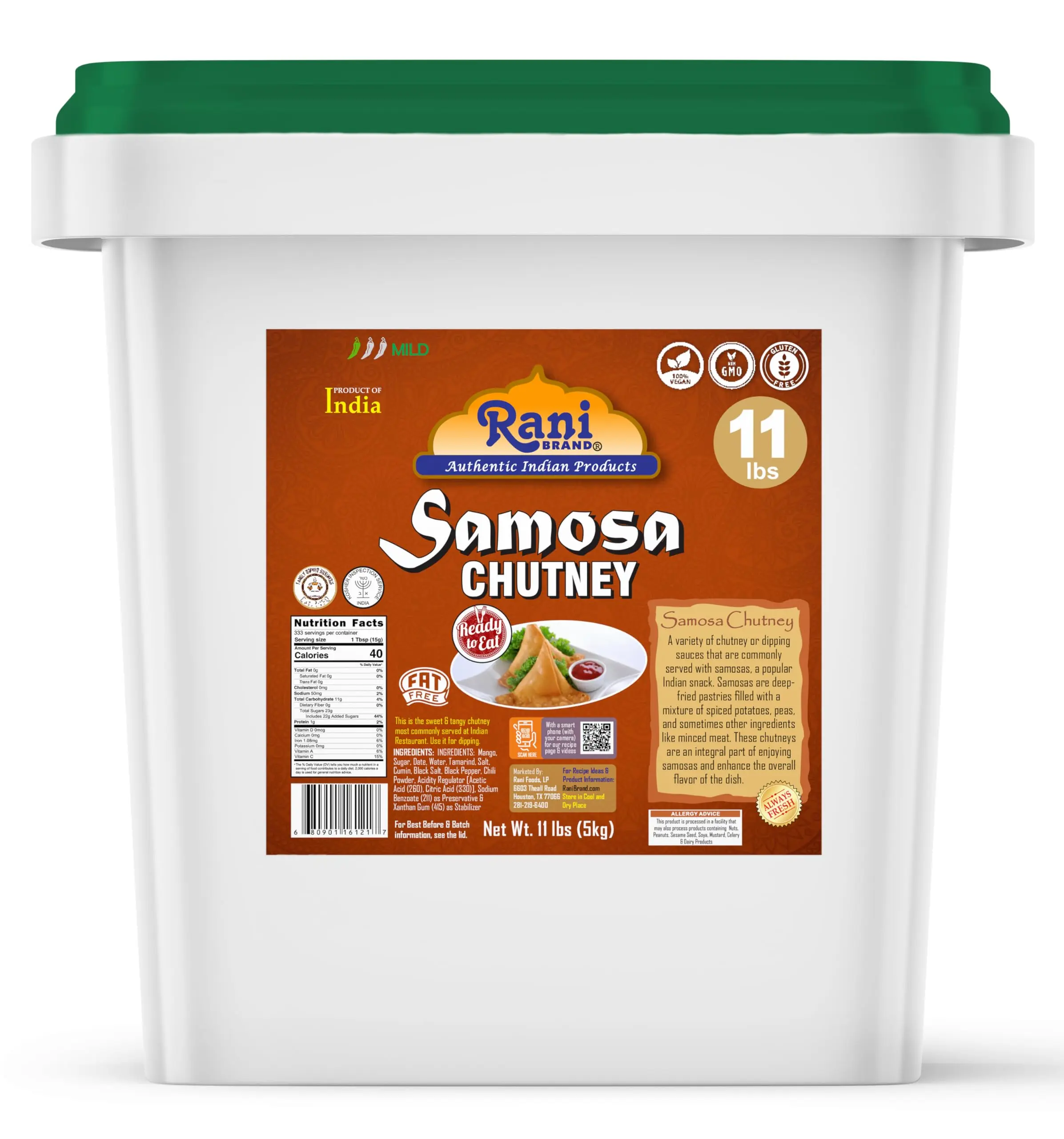 Rani Samosa Chutney (Sweet, Sour & Spicy Dipping Sauce) 176oz (11lbs) 5kg Bulk Bucket, Ready to eat, Vegan ~ Gluten Free | NON-GMO | Kosher | No Colors | Indian Origin