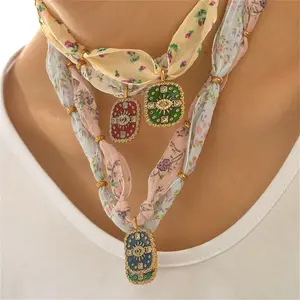 Fashion original design silk scarf necklace with colorful dripping stainless steel pendant temperament romantic women's collarbone chain necklace suitable for daily parties and holiday gifts