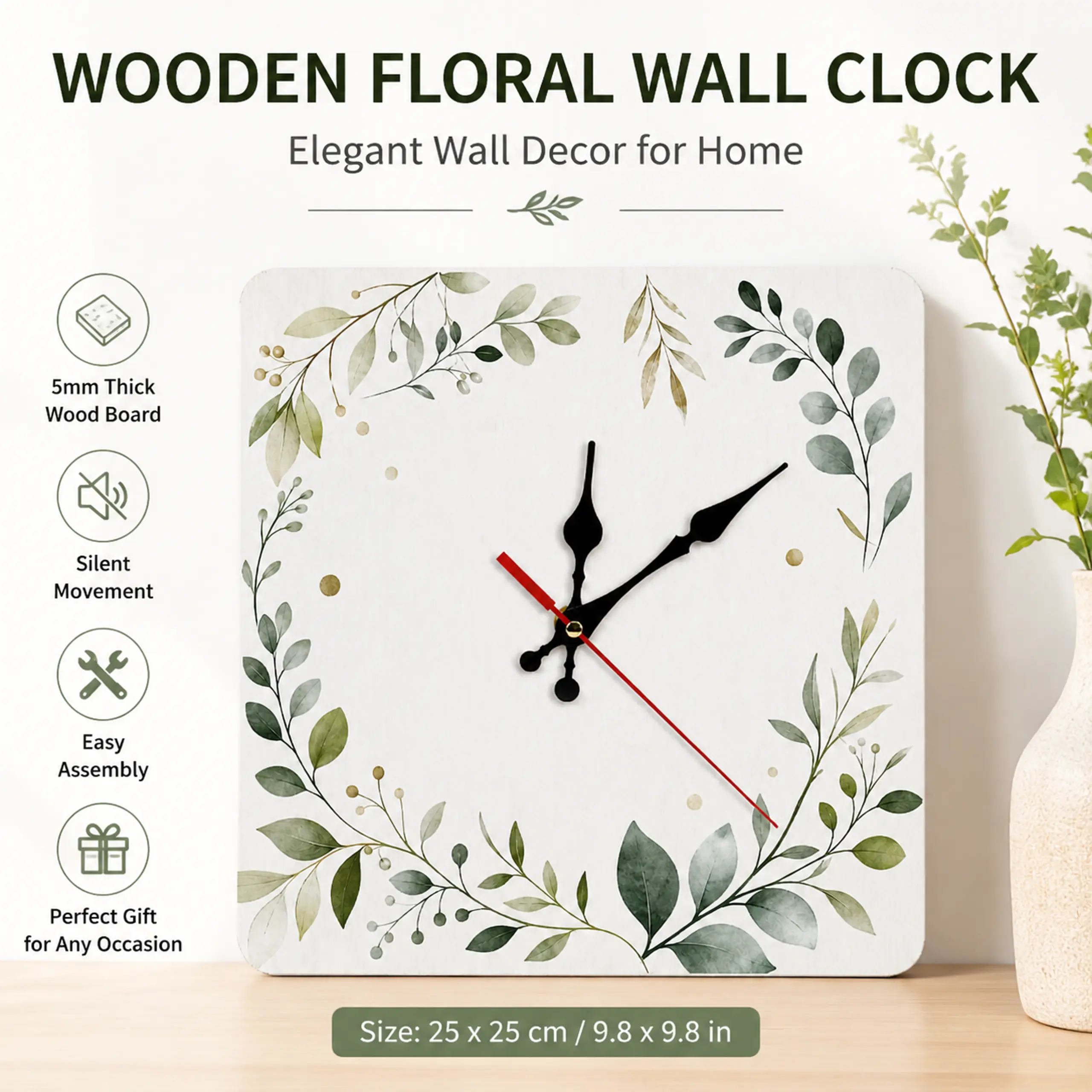 Square Botanical Leaf Wall Clock, Modern Minimalist Floral Square Analog Clock for Living Room, Bedroom, Office Home Decor
