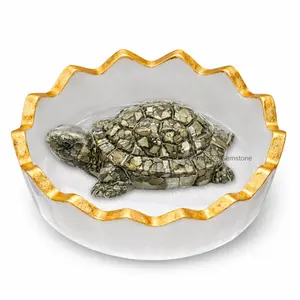 Amazing Gemstone Natural Pyrite Crystal Tortoise with Selenite Bowl/Plate, Feng Shui Home Decor for Good Luck & Wealth, Spiritual Meditation Gift for Home Office