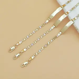Gold Tone Blank ID Bar Bracelet for Men Women, Two-Tone Star Engraved Figaro Chain Minimal Curb Link Wrist Jewelry, Polished Engravable Plain Bar Wristband for Daily Casual, Couple Matching & Custom Engraving Gift