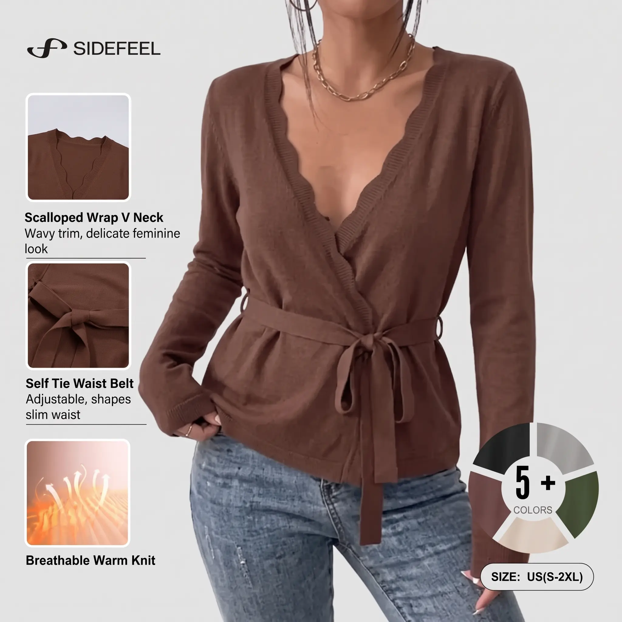 Sidefeel Women's Wrap Knit Sweater |Adjustable Drawstring Tie,Scalloped V Neck, Long Sleeve, Self Tie Waist Belt, Breathable Warm Knit, Slim Fit, Fall and Winter Tops